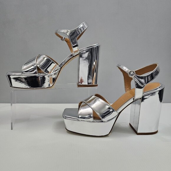 Aeyde Platform Block Heel Sandal Women EU 39 Metallic Silver Leather Ankle Strap - Picture 2 of 16